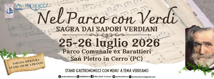 Evento NEL PARCO CON VERDI – Sagra dai Sapori Verdiani Locandina NEL PARCO CON VERDI – Sagra dai Sapori Verdiani - da sabato 25 luglio - domenica 26 luglio 2026 ore 09:00 ore 23:00