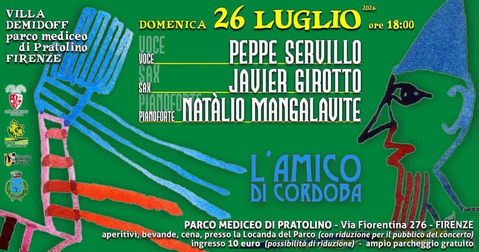 Evento Peppe Servillo Voce, Javier Girotto Sax, Natàlio Mangalavite Piano. – Villa Demidoff, Pratolino (Fi) Locandina Peppe Servillo Voce, Javier Girotto Sax, Natàlio Mangalavite Piano. – Villa Demidoff, Pratolino (Fi) - domenica 26 luglio ore 18:00 - 19:30
