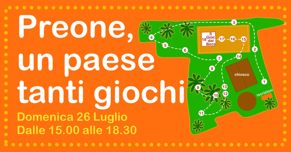 Evento Preone, un paese tanti giochi 2026 Locandina Preone, un paese tanti giochi 2026 - domenica 26 luglio ore 15:00 - 18:30