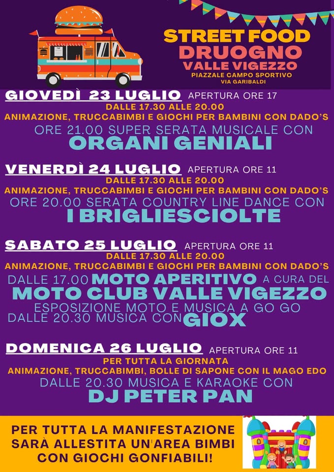 Evento street food Druogno Locandina street food Druogno - venerdì 24 luglio ore 20:00 - 22:00