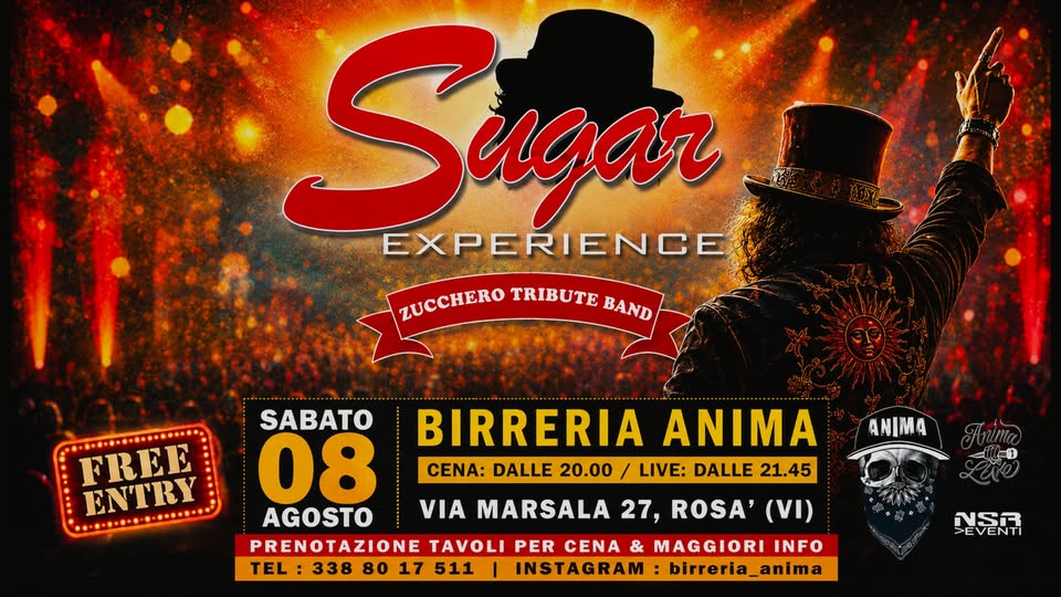 Evento SugarExperience – Zucchero Tribute @ANIMA (Cena Live) Locandina SugarExperience – Zucchero Tribute @ANIMA (Cena Live) - sabato 8 agosto ore 21:45 - 23:45