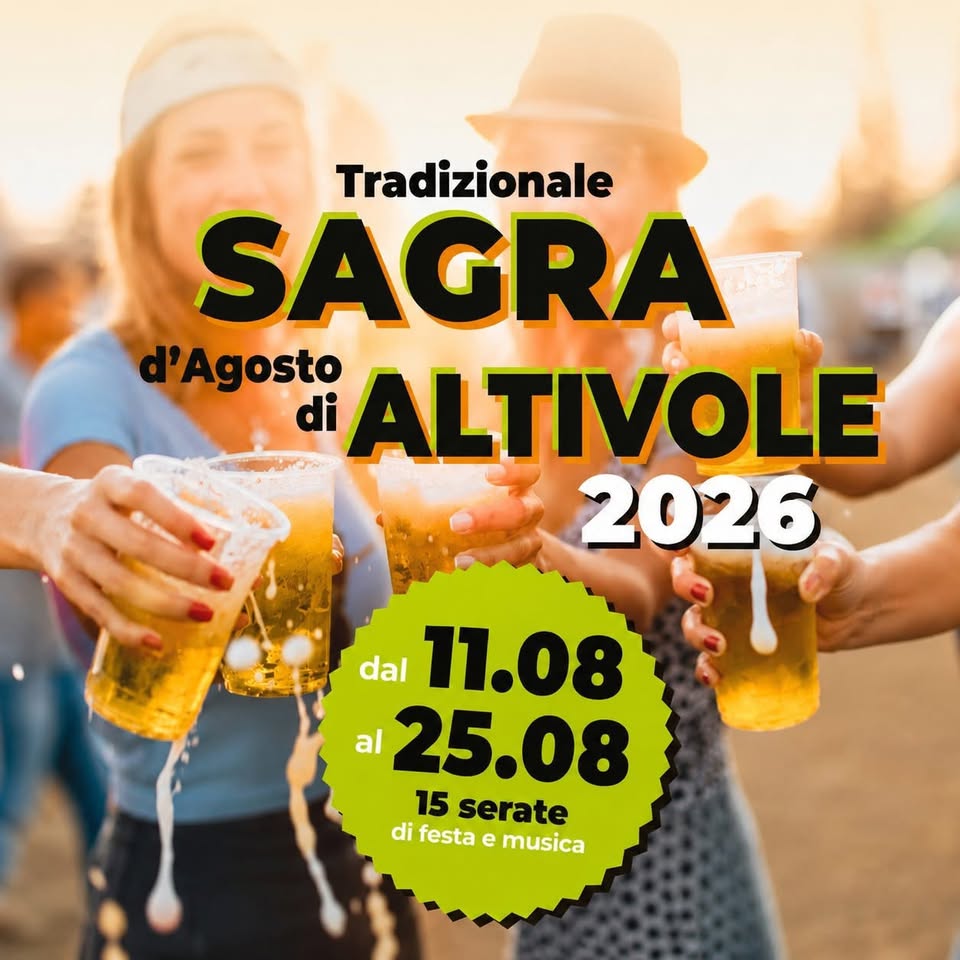 Evento Tradizionale Sagra d’Agosto di Altivole 2026 @Via Prae, Altivole (TV) Locandina Tradizionale Sagra d’Agosto di Altivole 2026 @Via Prae, Altivole (TV) - da martedì 11 agosto - martedì 25 agosto 2026 ore 18:30