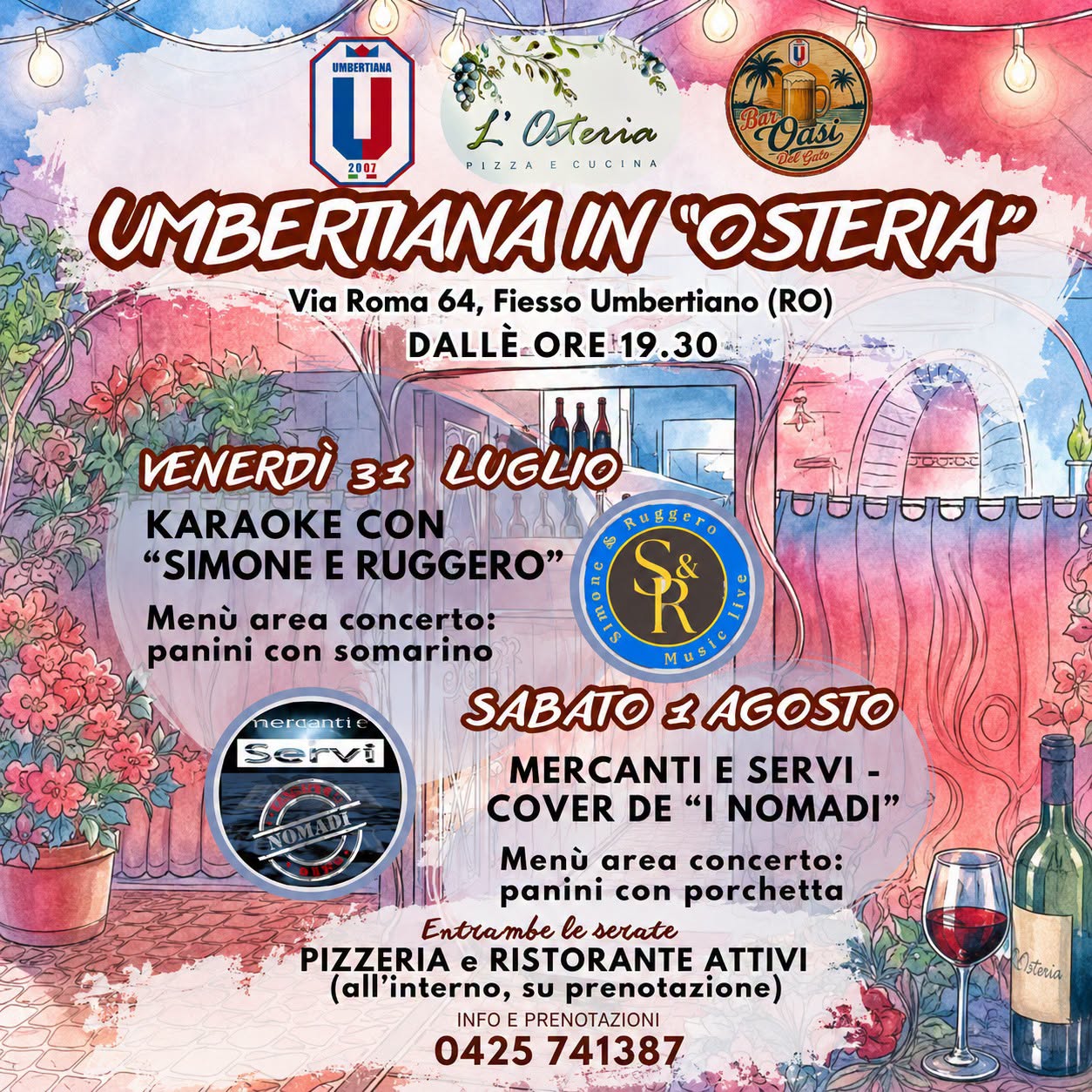 Evento Umbertiana in Osteria – Musica Live, Karaoke e Street Food Locandina Umbertiana in Osteria – Musica Live, Karaoke e Street Food - da venerdì 31 luglio - sabato 1 agosto 2026 ore 19:30 ore 23:45