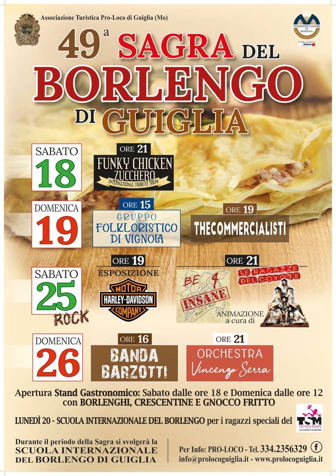 Evento 49° Sagra del Borlengo di Guiglia Locandina 49° Sagra del Borlengo di Guiglia - da sabato 18 maggio - domenica 26 maggio 2019 ore 18:00 ore 23:59