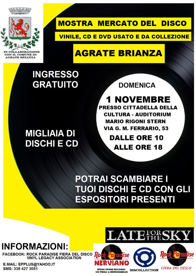 Evento Agrate Brianza (Mb) – Mostra Mercato Del Vinile Per Hobbisti – Domenica 1 Novembre 2026 Locandina Agrate Brianza (Mb) – Mostra Mercato Del Vinile Per Hobbisti – Domenica 1 Novembre 2026 - domenica 1 novembre ore 10:00 - 18:00
