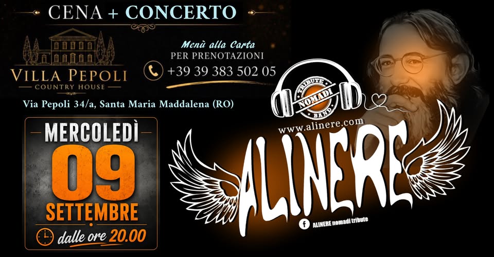 Evento ALINERE Cena Concerto a VILLA PEPOLI – Santa Maria Maddalena (RO) Locandina ALINERE Cena Concerto a VILLA PEPOLI – Santa Maria Maddalena (RO) - mercoledì 9 settembre ore 20:00 - 22:00