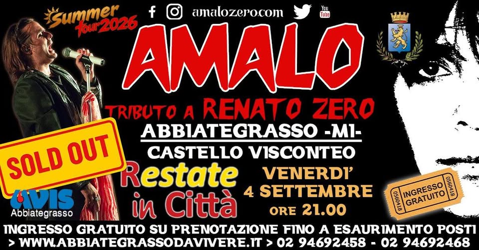 Evento AMALO – Renato Zero tribute – Castello Visconteo – Abbiategrasso (MI) Locandina AMALO – Renato Zero tribute – Castello Visconteo – Abbiategrasso (MI) - venerdì 4 settembre ore 21:00 - 23:00