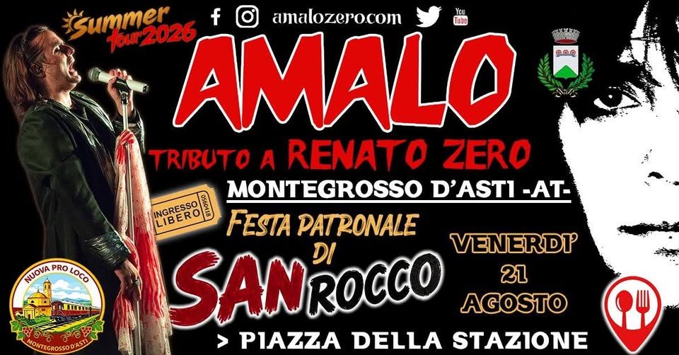 Evento AMALO – Renato Zero tribute – San Rocco – Montegrosso d’Asti (AT) Locandina AMALO – Renato Zero tribute – San Rocco – Montegrosso d’Asti (AT) - venerdì 21 agosto ore 21:30 - 23:30
