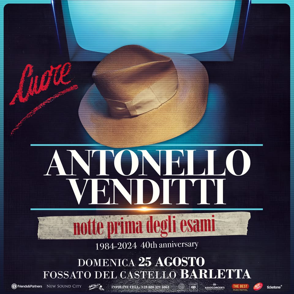 Evento Antonello Venditti – Barletta 25 Agosto 2024 Locandina Antonello Venditti – Barletta 25 Agosto 2024 - domenica 25 agosto ore 21:30 - 23:30