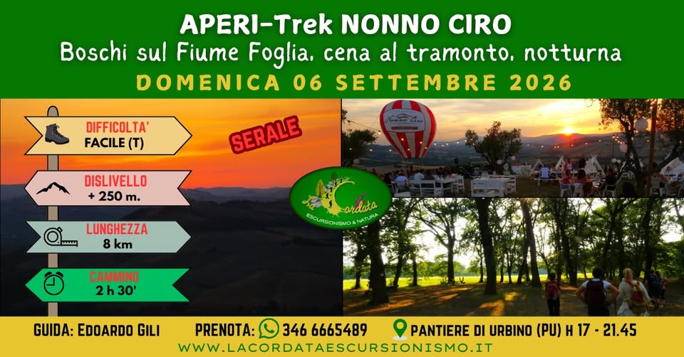 Evento APERI – Trek NONNO CIRO Boschi sul Fiume Foglia, tramonto, notturna! Locandina APERI – Trek NONNO CIRO Boschi sul Fiume Foglia, tramonto, notturna! - domenica 6 settembre ore 17:00 - 21:45