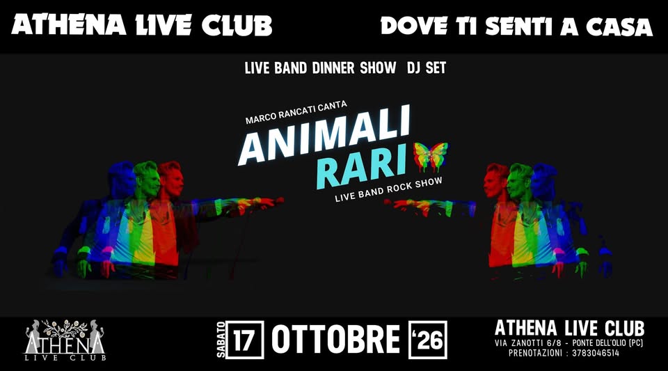 Evento Athena Live Club Sabato 17 Ottobre 2026 – Marco Rancati Canta Animali Rari Locandina Athena Live Club Sabato 17 Ottobre 2026 – Marco Rancati Canta Animali Rari - sabato 17 ottobre ore 20:15 - 22:15
