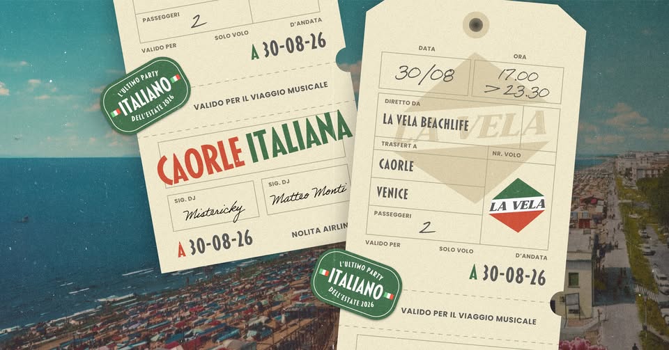 Evento CAORLE ITALIANA IT Domenica 30 Agosto La Vela Beach Life Locandina CAORLE ITALIANA IT Domenica 30 Agosto La Vela Beach Life - domenica 30 agosto ore 17:00 - 23:30