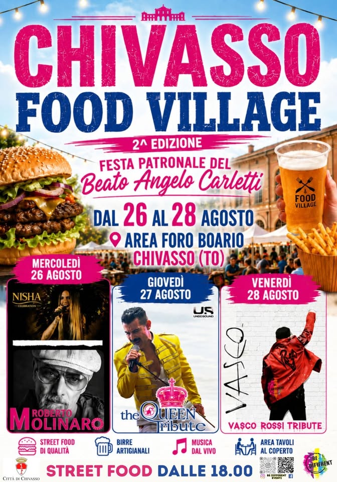 Evento CHIVASSO (TO) Food Village r alla Festa Patronale Beato Angelo Carletti Locandina CHIVASSO (TO) Food Village r alla Festa Patronale Beato Angelo Carletti - da mercoledì 26 agosto - venerdì 28 agosto 2026 ore 16:00 ore 23:59