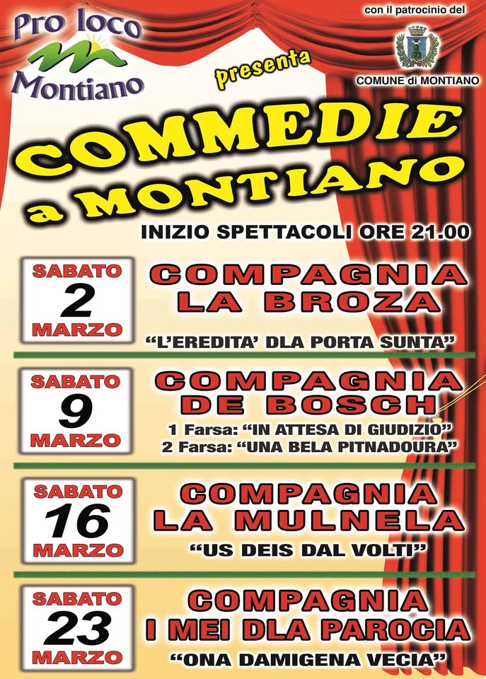 Evento Commedie a Montiano Locandina Commedie a Montiano - da sabato 2 marzo - sabato 23 marzo 2019 ore 21:00 ore 23:30