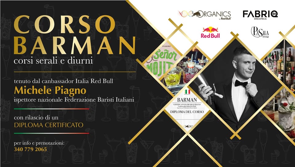 Evento Corso Barman con Michele Piagno – 13/14/15 Dicembre Locandina Corso Barman con Michele Piagno – 13/14/15 Dicembre - da lunedì 13 dicembre - mercoledì 15 dicembre 2021 ore 09:30 ore 17:00