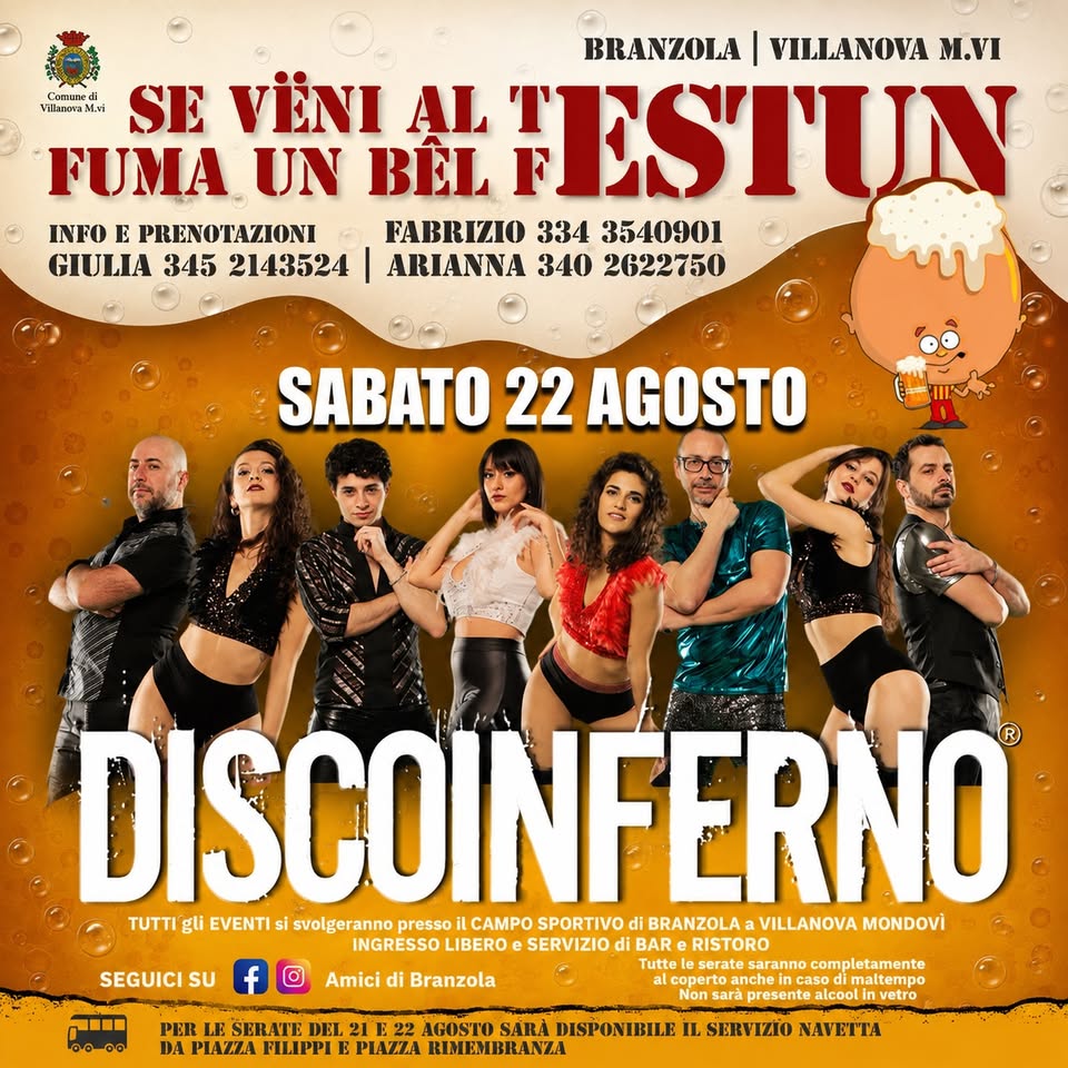 Evento DiscoInferno Testun 2026 (Branzola di Villanova di Mondovì, CN) Locandina DiscoInferno Testun 2026 (Branzola di Villanova di Mondovì, CN) - sabato 22 agosto ore 21:00 - 23:00
