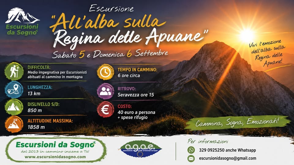 Evento Escursione “All’alba sulla Regina delle Apuane” Locandina Escursione “All’alba sulla Regina delle Apuane” - da sabato 5 settembre - domenica 6 settembre 2026 ore 15:00 ore 17:00