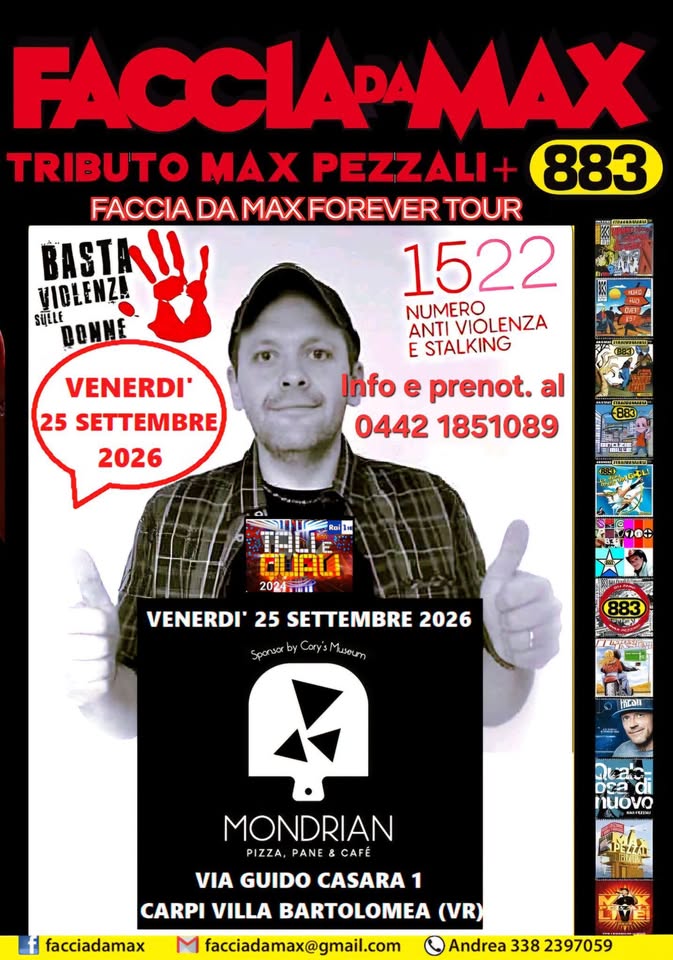 Evento Faccia da Max – Tributo 883&Pezzali@Mondrian Pizza Pane e Café Carpi VR Locandina Faccia da Max – Tributo 883&Pezzali@Mondrian Pizza Pane e Café Carpi VR - venerdì 25 settembre ore 21:30 - 23:30