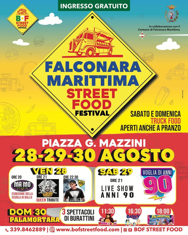 Evento Falconara Street Food Festival Piazza G.mazzini Locandina Falconara Street Food Festival Piazza G.mazzini - da venerdì 28 agosto - domenica 30 agosto 2026 ore 18:00 ore 23:55