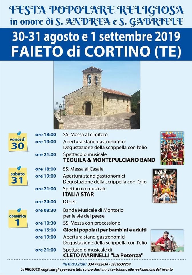 Evento Festa popolare religiosa in onore di Sant’Andrea e San Gabriele Locandina Festa popolare religiosa in onore di Sant’Andrea e San Gabriele - da venerdì 30 agosto - domenica 1 settembre 2019 ore 17:00 ore 23:30