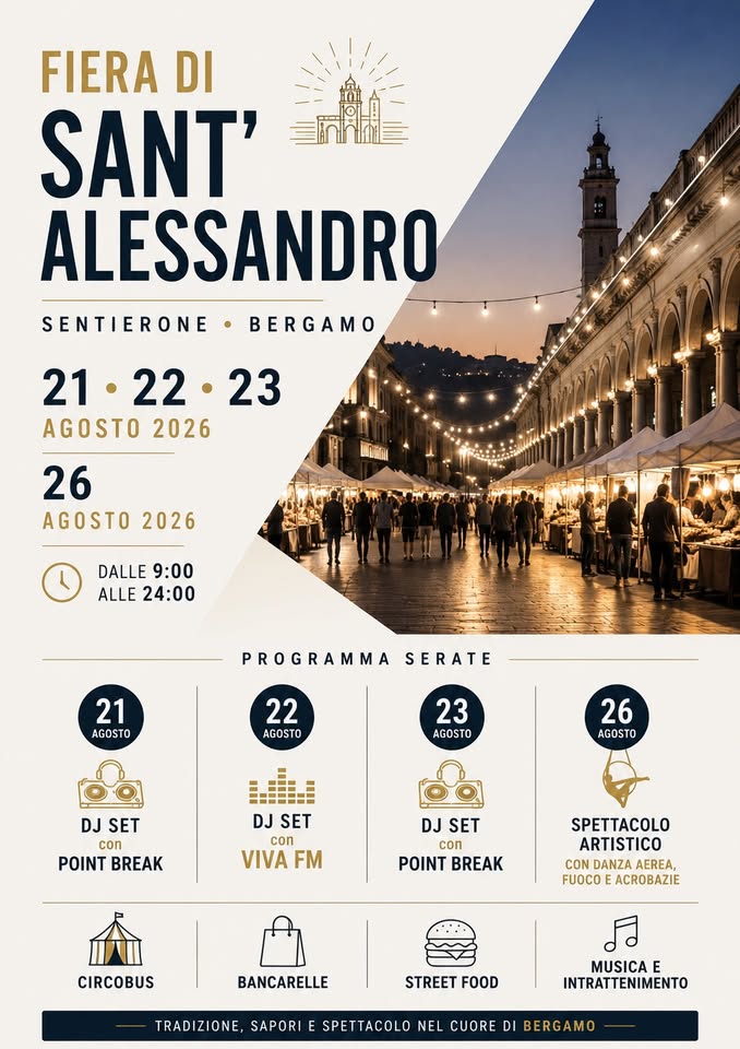 Evento Fiera di Sant’Alessandro 2026 Bergamo, Sentierone Locandina Fiera di Sant’Alessandro 2026 Bergamo, Sentierone - mercoledì 26 agosto ore 09:00 - 23:49