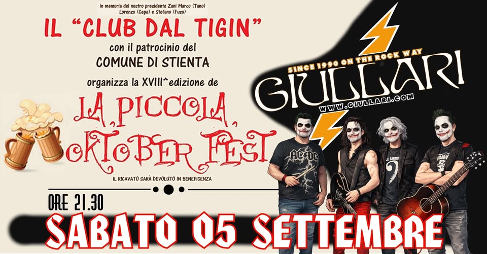 Evento Giullari Live Piccola Oktober Fest – Stienta (Ro) Locandina Giullari Live Piccola Oktober Fest – Stienta (Ro) - sabato 5 settembre ore 21:30 - 23:30