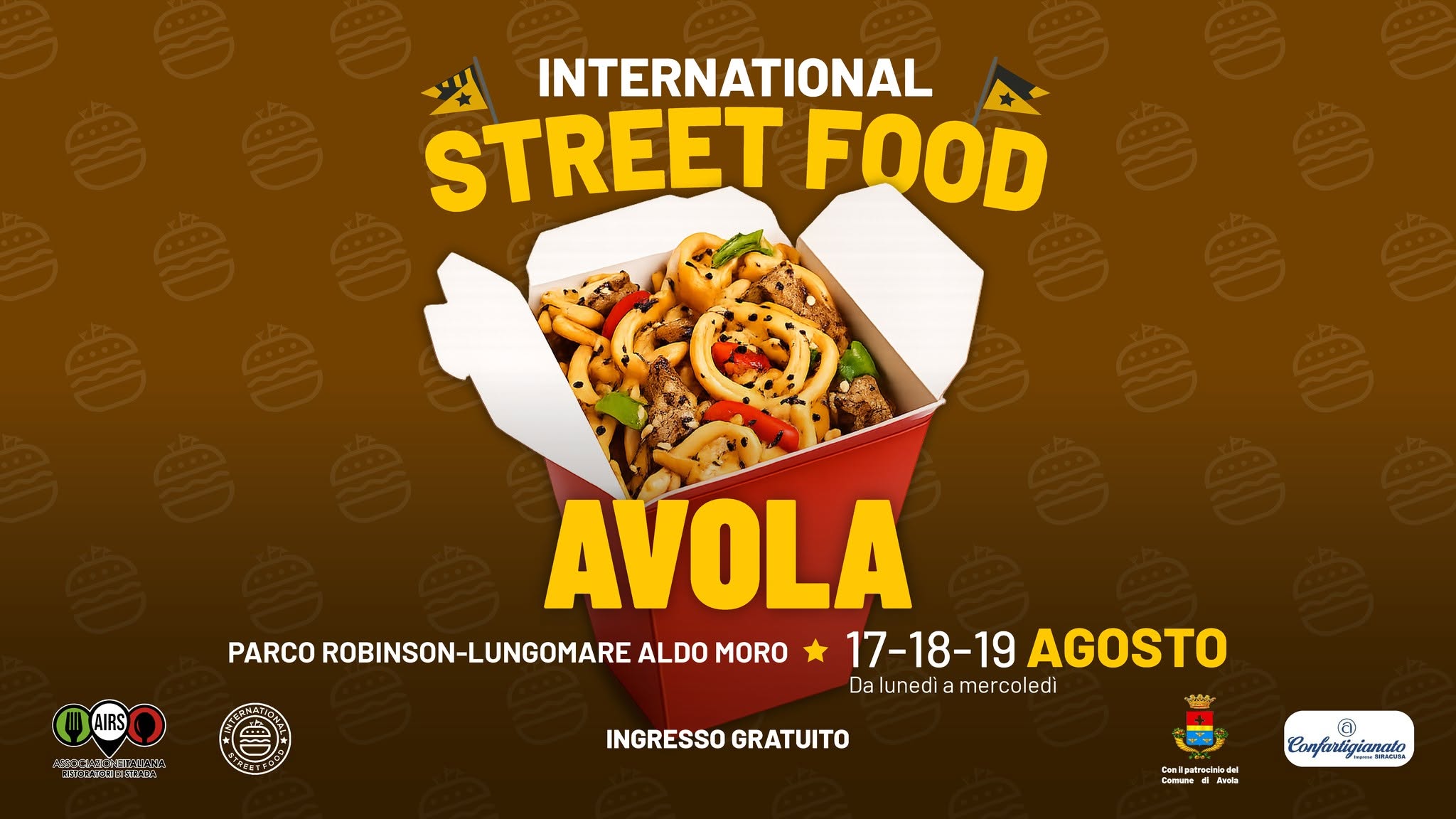 Evento International Street Food Avola Locandina International Street Food Avola - da lunedì 17 agosto - mercoledì 19 agosto 2026 ore 18:00 ore 23:45