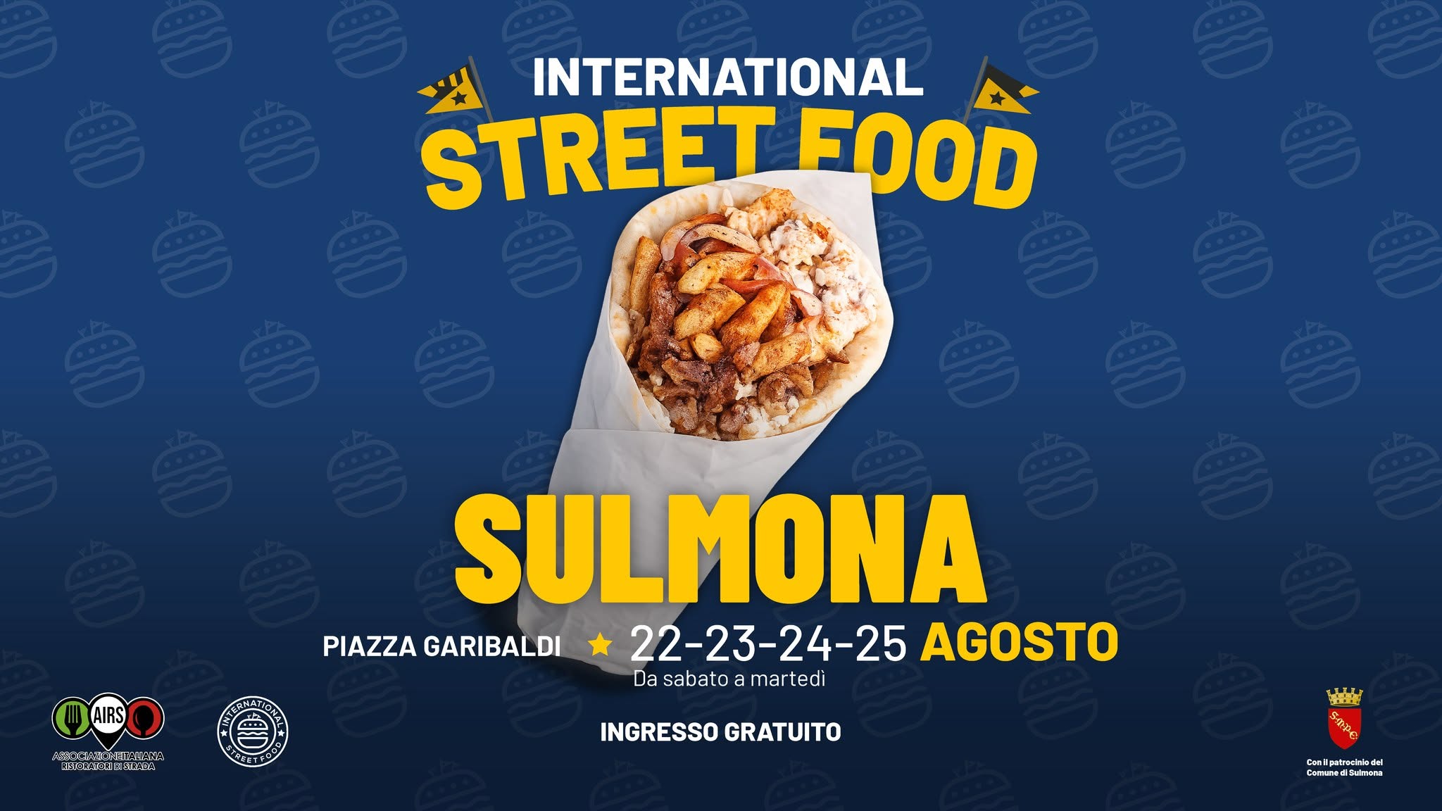 Evento International Street Food Sulmona Locandina International Street Food Sulmona - da sabato 22 agosto - martedì 25 agosto 2026 ore 18:00 ore 23:45