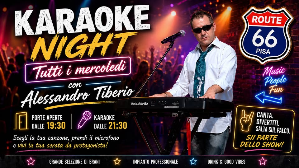 Evento Karaoke Night con Alessandro Tiberio Tutti i Mercoledì Locandina Karaoke Night con Alessandro Tiberio Tutti i Mercoledì - da mercoledì 7 gennaio - mercoledì 30 dicembre 2026 ore 19:30 ore 23:45