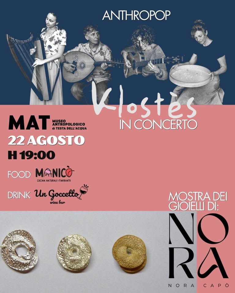Evento Klostes in concerto e mostra dei gioielli di Nora Capò Locandina Klostes in concerto e mostra dei gioielli di Nora Capò - sabato 22 agosto ore 19:00 - 21:00