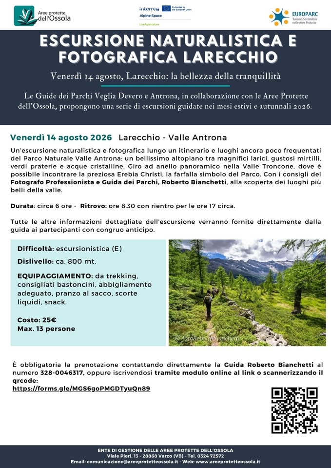 Evento La bellezza della tranquillità, Larecchio, Parco Naturale Valle Antrona Locandina La bellezza della tranquillità, Larecchio, Parco Naturale Valle Antrona - venerdì 14 agosto ore 08:30 - 16:30