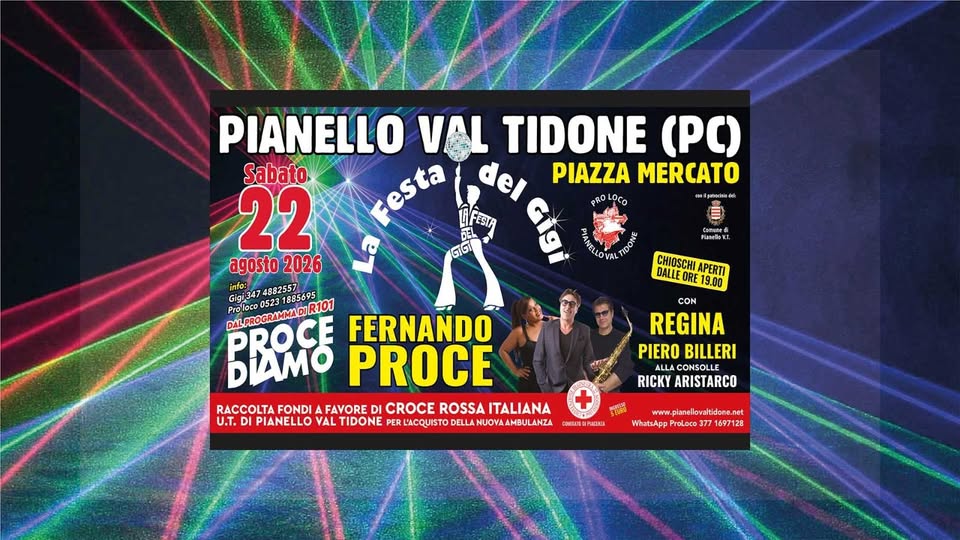 Evento LA FESTA DEL GIGI disco 70/80/90 – pro CRI acquisto nuova ambulanza Locandina LA FESTA DEL GIGI disco 70/80/90 – pro CRI acquisto nuova ambulanza - sabato 22 agosto ore 19:30 - 21:30