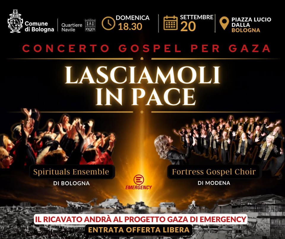Evento Lasciamoli In Pace – Concerto Gospel Per Gaza Locandina Lasciamoli In Pace – Concerto Gospel Per Gaza - domenica 20 settembre ore 18:30 - 20:30