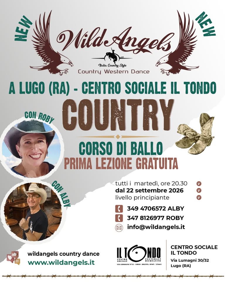 Evento Lugo Country@Corso di Ballo Country con Alby e Roby Locandina Lugo Country@Corso di Ballo Country con Alby e Roby - martedì 22 settembre ore 20:30 - 22:30