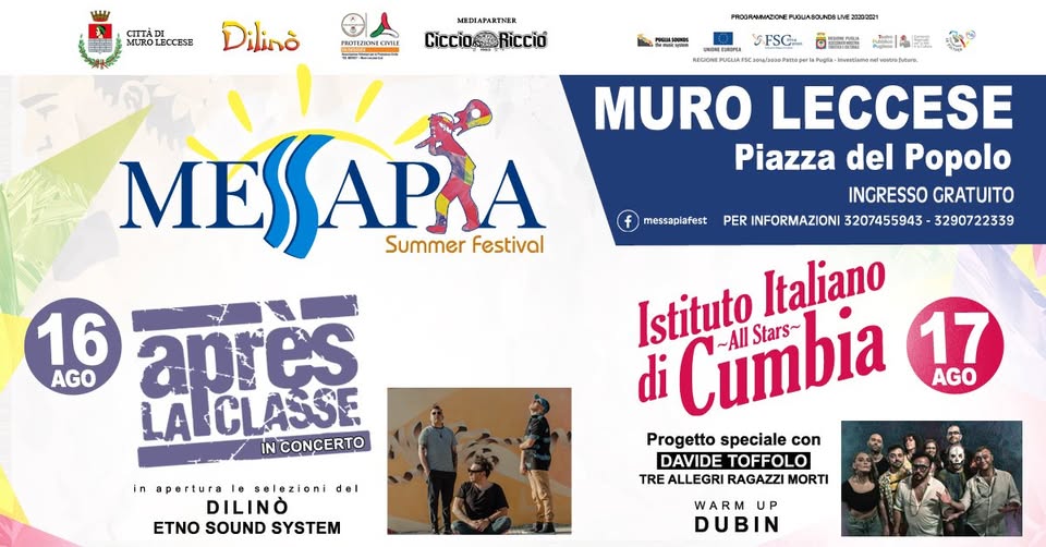 Evento Messapia Summer Festival 16 – 17 agosto – Piazza del Popolo – Muro Leccese (LE) Locandina Messapia Summer Festival 16 – 17 agosto – Piazza del Popolo – Muro Leccese (LE) - da lunedì 16 agosto - martedì 17 agosto 2021 ore 21:00 ore 23:45