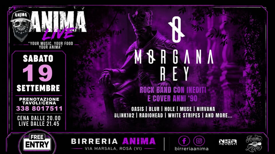 Evento Morgana Rey live – Rock Band @ANIMA (Cena Live) Locandina Morgana Rey live – Rock Band @ANIMA (Cena Live) - sabato 19 settembre ore 21:45 - 23:45