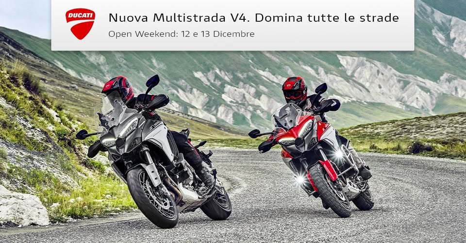 Evento Nuova Multistrada V4 Open Weekend Novara – Galliate Locandina Nuova Multistrada V4 Open Weekend Novara – Galliate - da sabato 12 dicembre - domenica 13 dicembre 2020 ore 09:00 ore 18:00