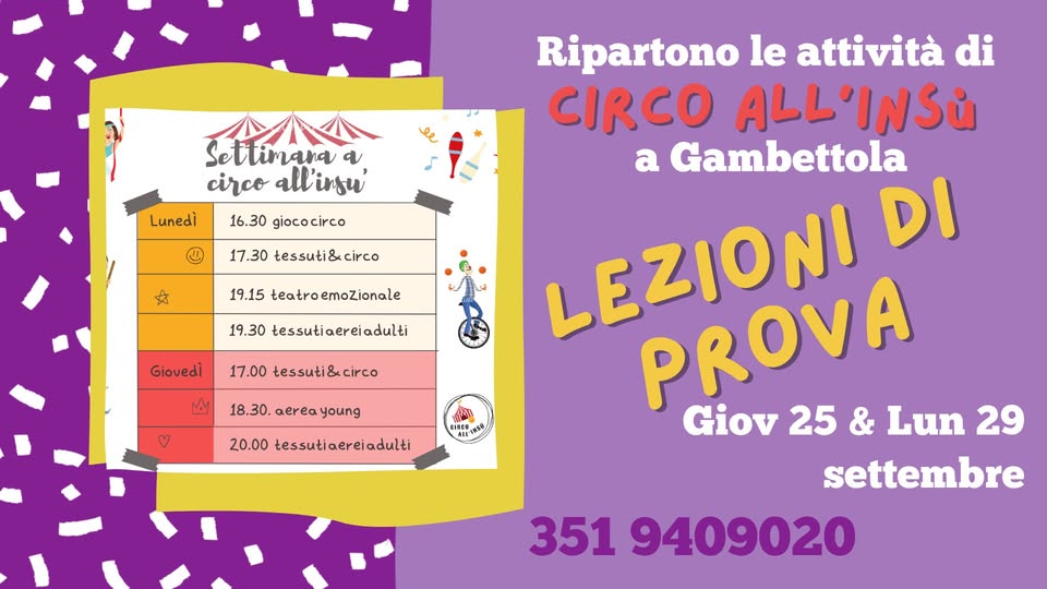Evento open day corsi circo, aerea, teatro & yoga Locandina open day corsi circo, aerea, teatro & yoga - da lunedì 29 settembre - martedì 7 ottobre 2025 ore 19:30 ore 20:45