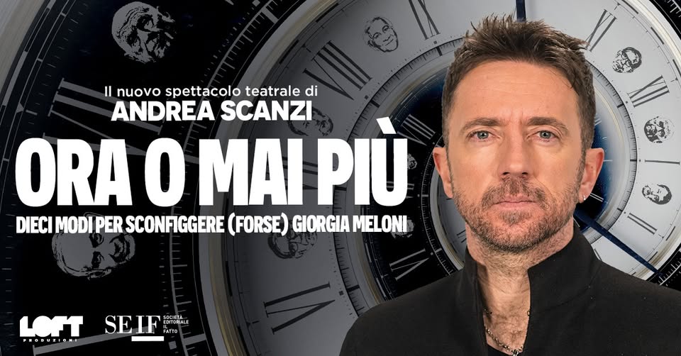 Evento “ORA O MAI PIÙ” il nuovo spettacolo teatrale di Andrea Scanzi MARTINA FRANCA (TA) Locandina “ORA O MAI PIÙ” il nuovo spettacolo teatrale di Andrea Scanzi MARTINA FRANCA (TA) - sabato 21 novembre ore 21:00 - 23:00