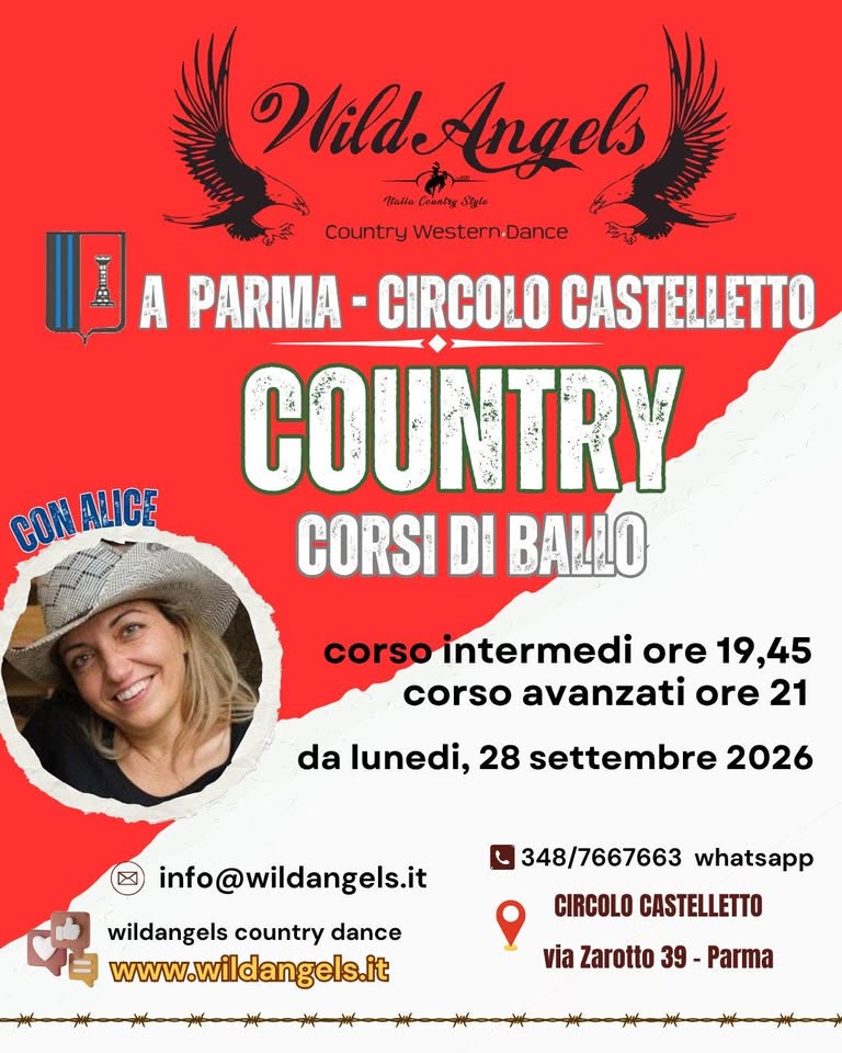 Evento Parma Country, corsi a PARMA con ALICE – circolo Castelletto Locandina Parma Country, corsi a PARMA con ALICE – circolo Castelletto - lunedì 28 settembre ore 19:45 - 22:30