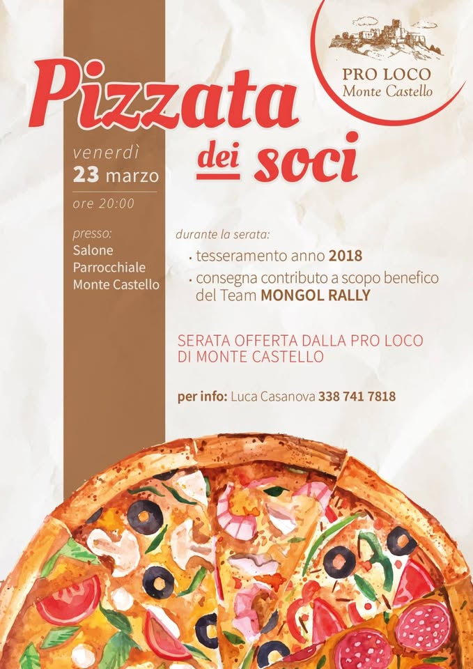 Evento Pizzata dei Soci – Presentazione Pro Loco Locandina Pizzata dei Soci – Presentazione Pro Loco - venerdì 23 marzo ore 20:00 - 23:55