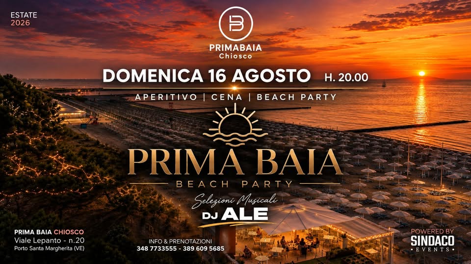 Evento Prima Baia Chiosco Domenica 16 Agosto h. 20.00 Aperitivo Cena Beach Party Dj Ale Locandina Prima Baia Chiosco Domenica 16 Agosto h. 20.00 Aperitivo Cena Beach Party Dj Ale - domenica 16 agosto ore 20:00 - 00:30