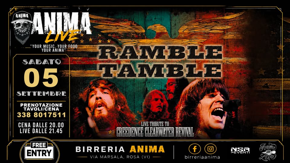 Evento Ramble Tamble – Creedence Tribute @ANIMA (Cena Live) Locandina Ramble Tamble – Creedence Tribute @ANIMA (Cena Live) - sabato 5 settembre ore 21:45 - 23:45