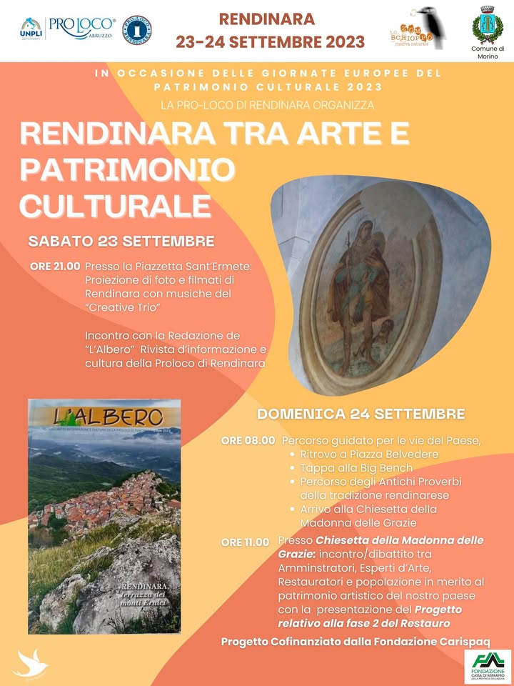 Evento Rendinara tra arte e patrimonio Locandina Rendinara tra arte e patrimonio - da sabato 23 settembre - domenica 24 settembre 2023 ore 21:00 ore 13:00