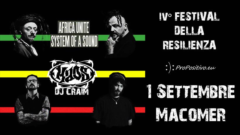 Evento Resilienza18 – Africa Unite Kaos & Dj Craim Locandina Resilienza18 – Africa Unite Kaos & Dj Craim - da sabato 1 settembre - domenica 2 settembre 2018 ore 22:00 ore 06:00