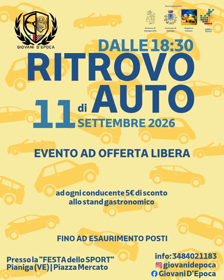 Evento Ritrovo Di Auto Pianiga Locandina Ritrovo Di Auto Pianiga - venerdì 11 settembre ore 18:30 - 20:30
