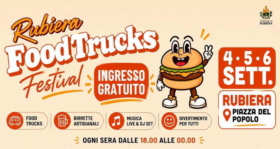 Evento Rubiera Food Truck Festival – dal 4 al 6 Settembre 2026 Locandina Rubiera Food Truck Festival – dal 4 al 6 Settembre 2026 - da venerdì 4 settembre - domenica 6 settembre 2026 ore 18:00 ore 23:00