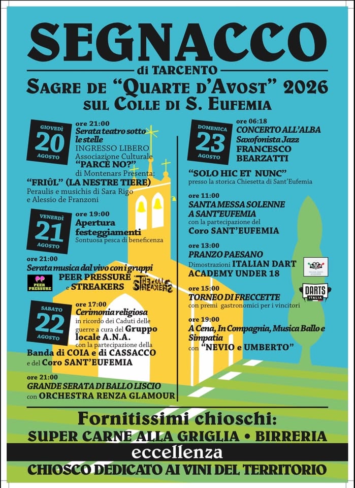 Evento Sagre de “Quarte d’Avost” 2026 Locandina Sagre de “Quarte d’Avost” 2026 - da venerdì 21 agosto - sabato 22 agosto 2026 ore 18:30 ore 00:00