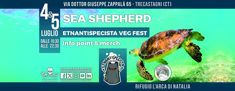 Evento Sea Shepherd – Infopoint e Merch a ETNANTISPECISTA – Presso L’Arca di Natalia – Trecastagni (CT) 4 – 5/07 Locandina Sea Shepherd – Infopoint e Merch a ETNANTISPECISTA – Presso L’Arca di Natalia – Trecastagni (CT) 4 – 5/07 - da sabato 4 luglio - domenica 5 luglio 2026 ore 10:30 ore 22:30