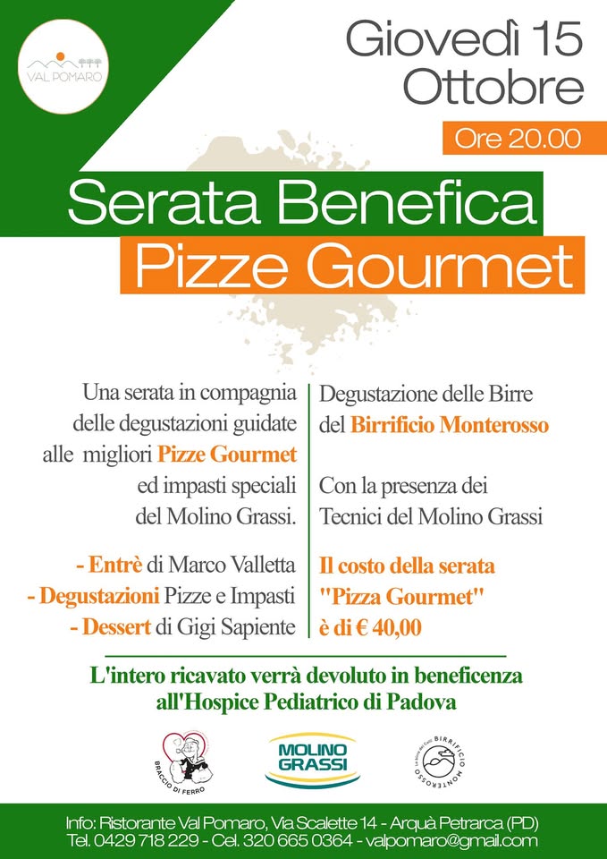 Evento Serata Benefica – Degustazione Pizze Gourmet con Molino Grassi Locandina Serata Benefica – Degustazione Pizze Gourmet con Molino Grassi - giovedì 15 ottobre ore 20:00 - 22:30